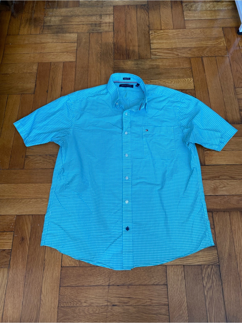 Tommy Hilfiger Boys Aqua Check Gingham Button Down Shirt Size 16